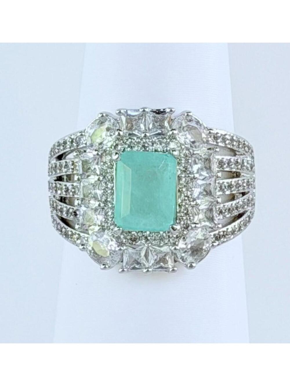 Bomb Party Ring Sz 8 "Cushioned Grace" Mint Green Tourmaline / Quartz on Rhodium